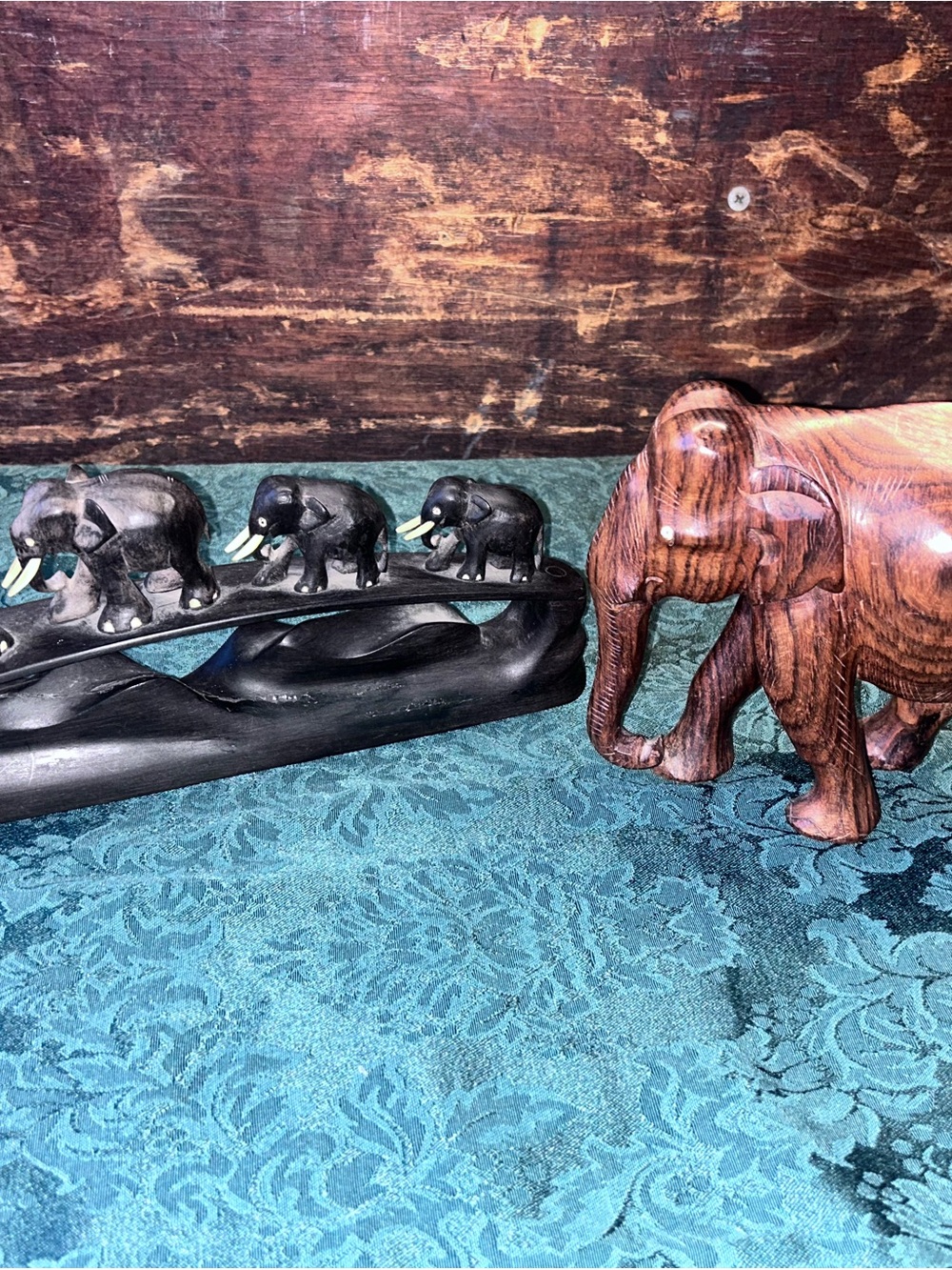 Handcrafted Wooden Elephant Figurine Set - Brown and Black